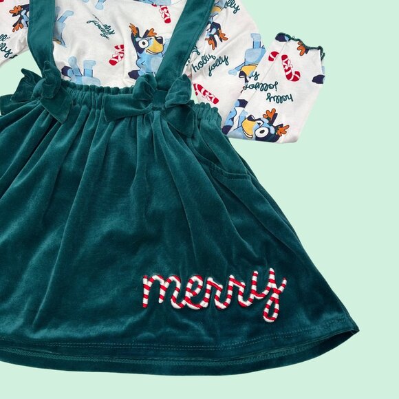 4 PC LOT OF KIDS CHRISTMAS OUTFITS GARANIMALS BLUEY SWEATER TOP & PINAFORE SKIRT - Picture 5 of 8